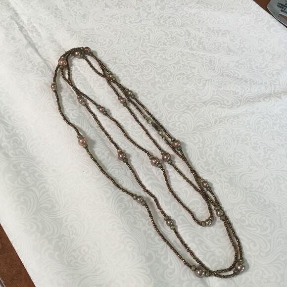 Copper Seed Bead with Faux Peach Pearls Necklace - Picture 2 of 6